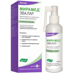 МИРАМЕД ЭВАЛАР 0,01% 150МЛ. Р-Р Д/МЕСТ. И НАРУЖ.ПРИМ. ФЛ. +НАСАДКА-РАСПЫЛИТЕЛЬ /ЭВАЛАР/